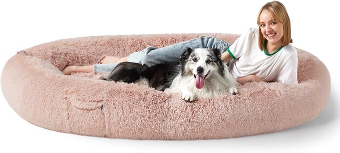 Bedsure Memory Foam Human Dog Bed, 72"x48"x12" Calming Giant Human Dog Bed for Adults People Fits Pet Families with Storage Pocket, Fluffy Faux Fur Orthopedic Dog Bean Bed, Pink