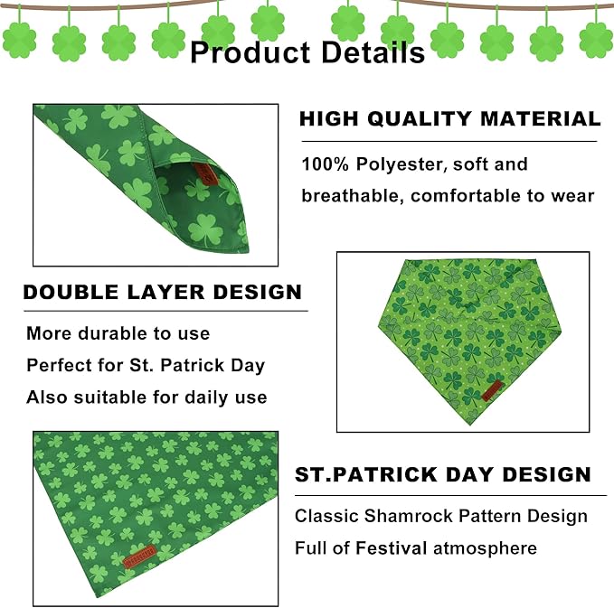 ADOGGYGO St. Patrick's Day Dog Bandana, Green Shamrock Pet Scarf, Adjustable Fit Saint Patrick Bandanas for Small Dogs (Small)