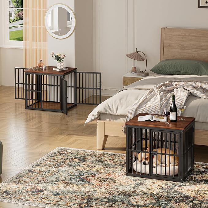 Lyromix 54'' Dog Crate Furniture with Double Rooms,Wooden Crate End Table Heavy Duty Indoor Puppy Cage for 2 Small Dogs, Multiple Units Can be Combined, Walnut