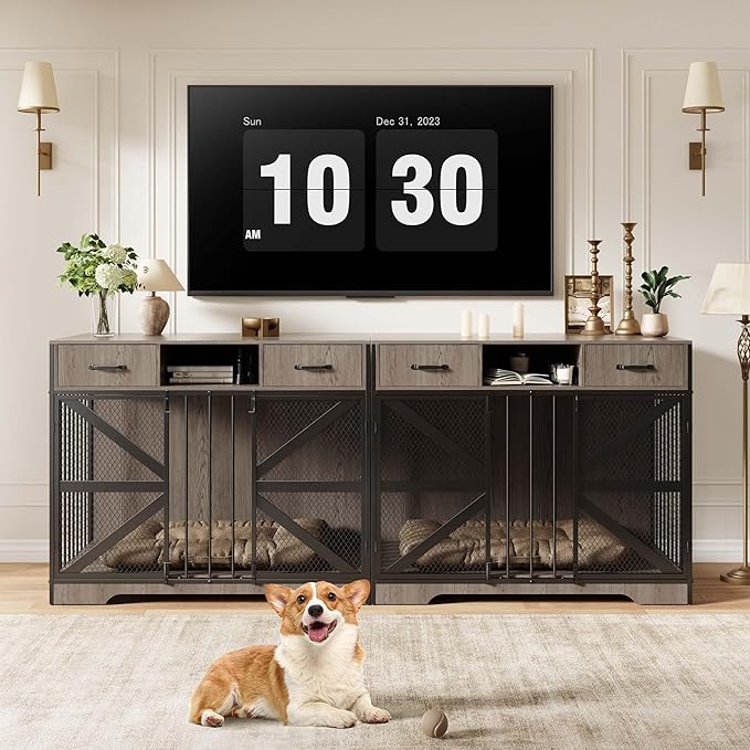 44" Large Dog Crate Furniture, Wooden Heavy Duty Dog Kennel TV Stand with 2 Drawers, Indoor Multi-Functional Decorative XL Furniture for Medium & Large Breeds, Grey