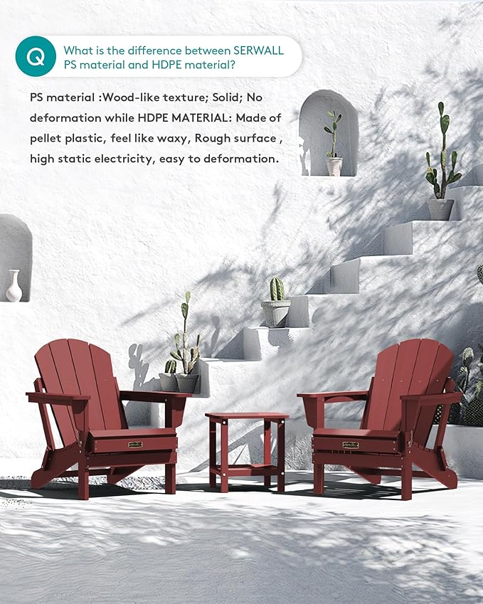 SERWALL Folding Adirondack Chair Set of 6 Weather Resistant for Patio - Red