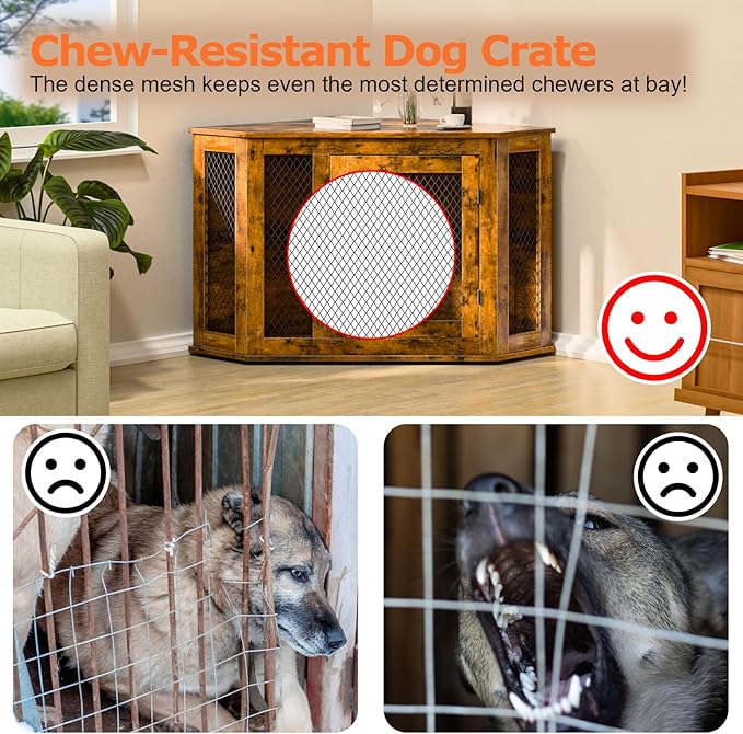 Corner Dog Crate Furniture, 52" Wooden Dog Kennel Furniture End Table with Mesh, Dog Kennel Indoor Furniture for Small Medium Large Dogs, Modern Decorative Wood Pet House Dog Cage Crate, Brown