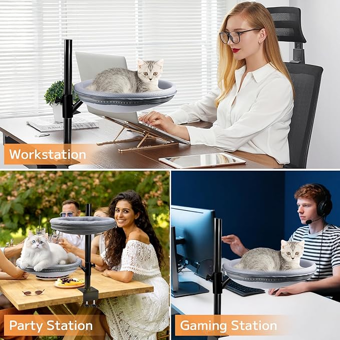Large Cat Desk Bed x2, 360°Rotating & Adjustable Shelf, 15" Thickening Cat Bed for Desk with 2 Perch Holds 66lbs, Suitable for Various Desktops for 2 Cats
