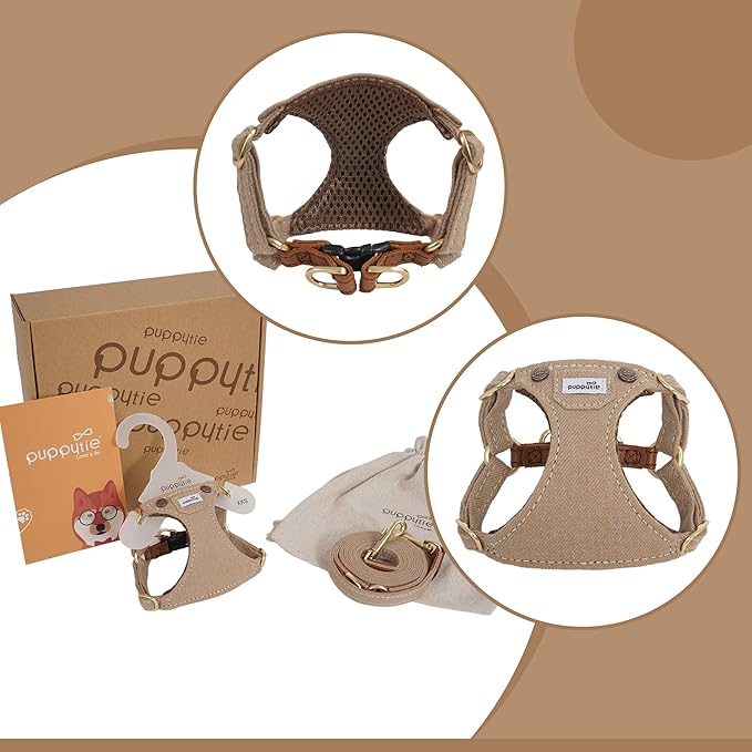 Puppytie No Pull Small Dog Harness with Multifunction Dog Leash, Lightweight Soft Adjustable No Choke Escape Proof Pet Harness Vest, Denim Mocha Brown