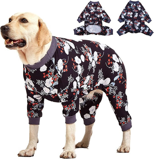 LovinPet Medium/Big Breeds Large Dog Pajamas, Anti Licking, Wound Care/Post Surgery Dogs Pajamas, Lightweight Stretchy Fabric, Beautiful Bouquets Black Print Large Dog Onesies, Pet PJ's/Medium