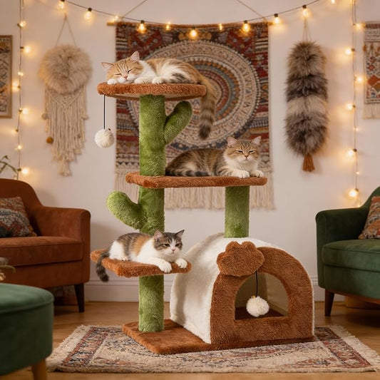 Cactus Cat Tree for Indoor Cats with Cozy Condo Wide Top Perch Multi-Level Climbing and Lounging Space 27.5inch Plush, Brown