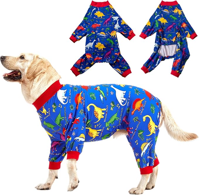 LovinPet Pitbull Large Dog Clothes, Wound Care/Post Surgery Dog Clothes, Lost World Dinosaurs Print, UV Protection, Pet Anxiety Relief, Large Dog Onesies, Pet PJ's /3XL