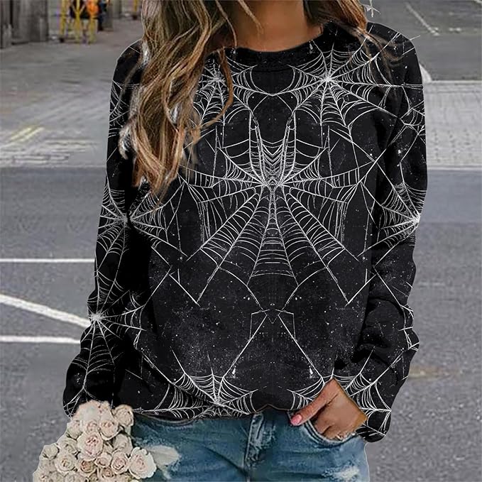 MARSVOVO Fall Sweatshirt for Women Novelty Spider Web Shirt Dressy Casual Crewneck Tunic Tops Spring Graphic Pullover