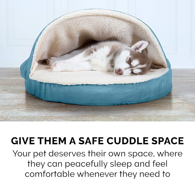 Furhaven 26" Round Cooling Gel Dog Bed for Medium/Small Dogs w/ Removable Washable Cover, For Dogs Up to 30 lbs - Sherpa & Suede Snuggery - Blue, 26-inch