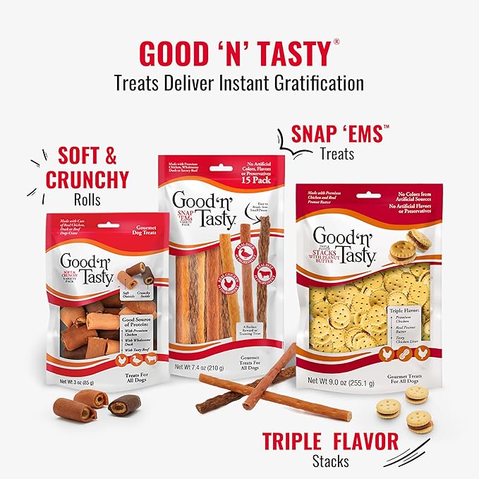 Good 'n' Tasty Triple Flavor Stacks with Cheese, 9 Ounces, Bite Sized Snacks for Dogs with Premium Chicken and Real Cheese