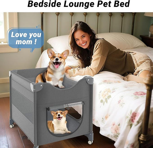 Upgraded Dog Bunk Bed, Portable Bedside Lounge Pet Bed, Dog Beds Attachment to Human Bed, Bedside Dogs Bed for Small, Medium Cats & Dogs, Pet Window Perch-Grey