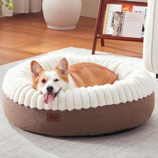 Donut Dog Bed Medium Size Dog, Round Cat Beds for Small Medium Dogs and Cats with Washable Fluffy Faux Fur, Cute Comfort Pet Bed with Anti-Slip Bottom, Cream, 30"
