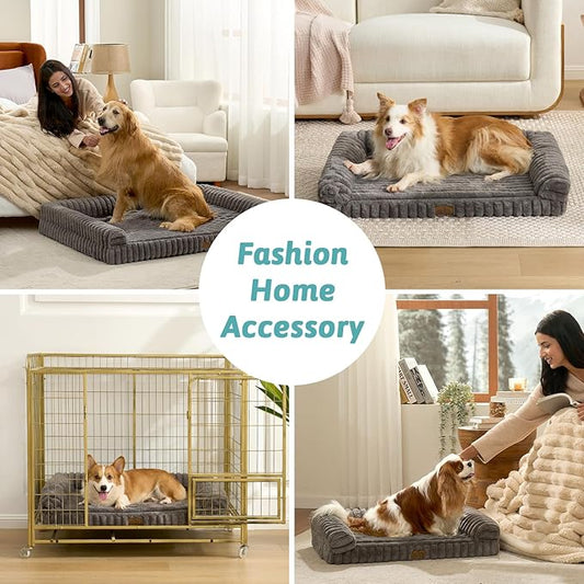 Cute Dog Bed for Large Dogs, Faux Fur Orthopedic Foam Dog Bed with Sides, Removable Washable Cover & Waterproof Lining, Comfortable Pet Couch, Grey (44" L x 32" W x 7" Th)