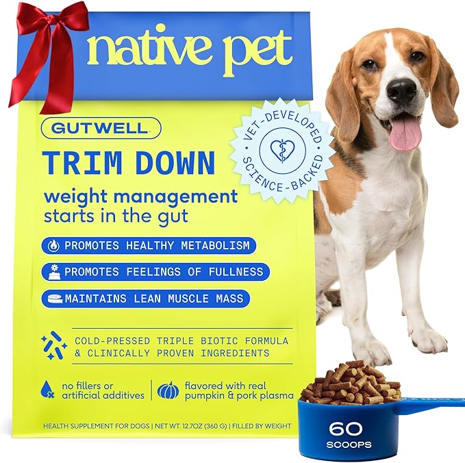 GutWell Trim Down - Weight Management Dog Food Topper - Dog Weight Loss Supplement Promotes Feeling of Fullness, Healthy Metabolism & Lean Muscle with Triple-biotic Blend & L-Carnitine - 60 Scoops