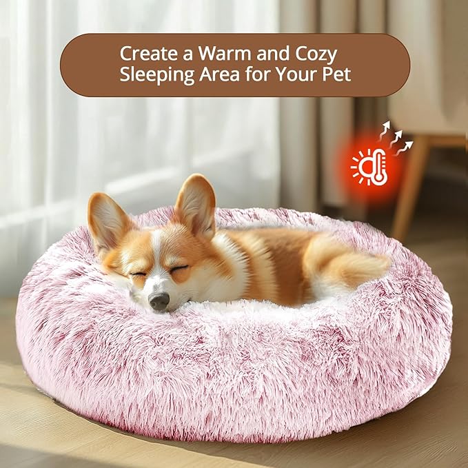 JOLLYVOGUE Small Dog & Cat Beds for Indoor Cats, Donut Cuddler Warming Soft Dog Beds with Anti-Slip Bottom, Round Calming Fluffy Plush Faux Fur Cushion Bed for Small Dogs (20", Smoke Pink)