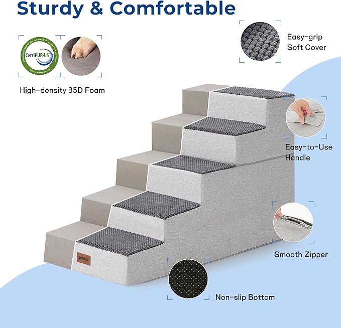 Dog Steps for High Beds - Extra Wide Dog Stairs 2 in 1 with Zippers Suitable for Small Dogs, Foam Pet Stairs with Non Slip Bottom Grey 5 Steps, Grey