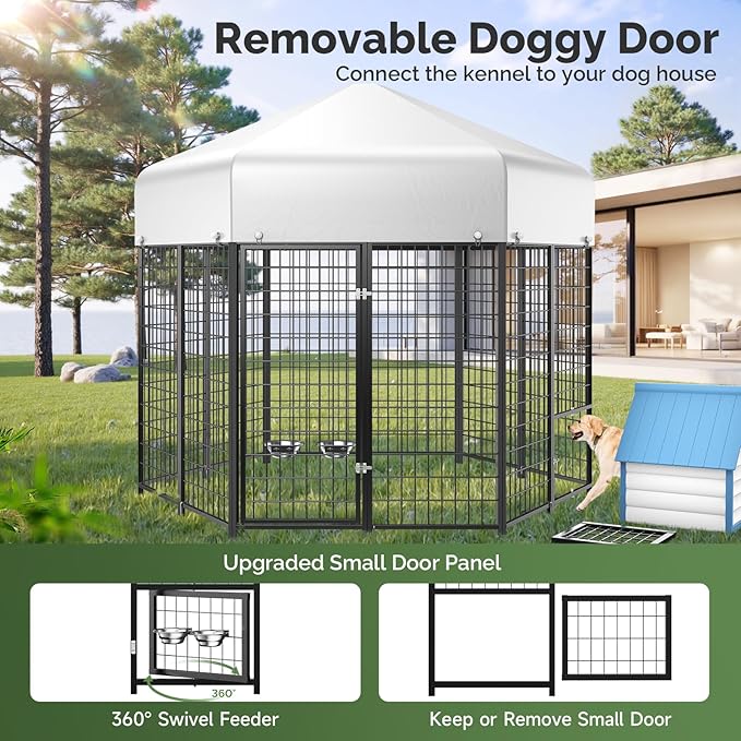 Sino Luban Outdoor Dog Kennel Outside Run with Doggy Door, Swivel Feeder&Roof - 7x7x6.4FT Large Dog Kennels Pens Outside for Large/Multiple Dogs - Heavy Duty Cage(Can Connect to Your Dog House)