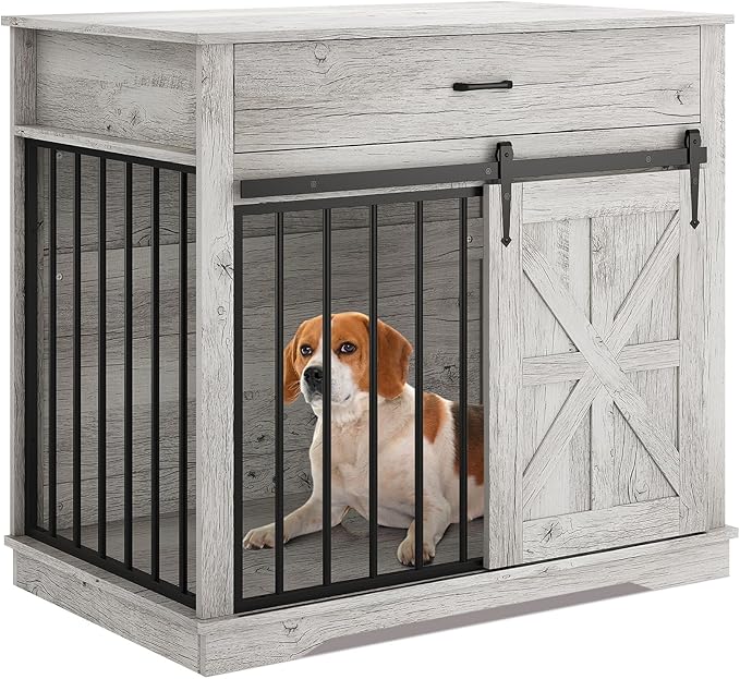 37.8" Dog Crate Furniture for Small Medium Dogs, 2-in-1 Iron-Wood Fusion Dog Cage Indoor As Side End Table, Farmhouse Dogs Kennel with Sliding Barn Doors & Drawer, Grey
