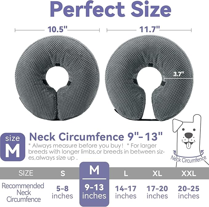 Soft Inflatable Dog Cone Alternative - Neck Donut E Collar for Large, Medium, Small Dogs & Cats - Post Surgery Recovery Collar to Stop Licking - Grey