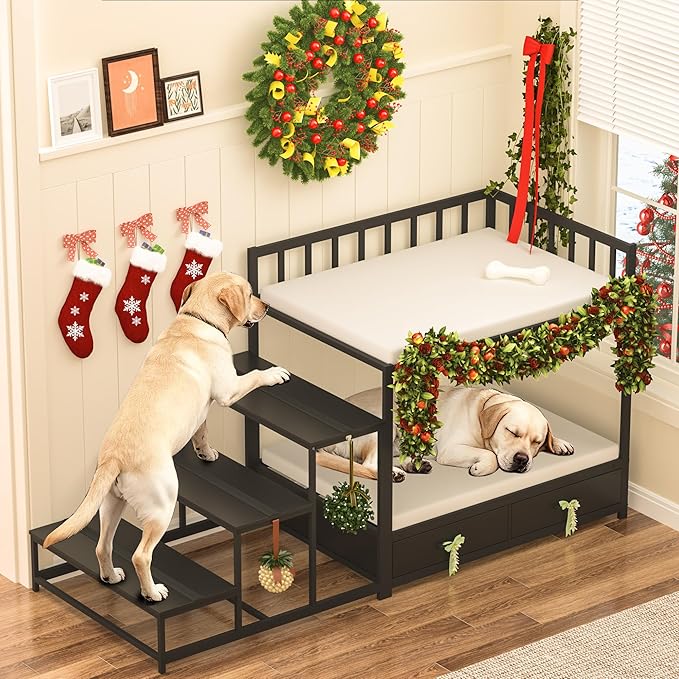 GDLF Dog Bunk Beds for Large Dogs, Dog Bedside Bed with Stairs & Storage, Space-Saving Indoor pet Furniture