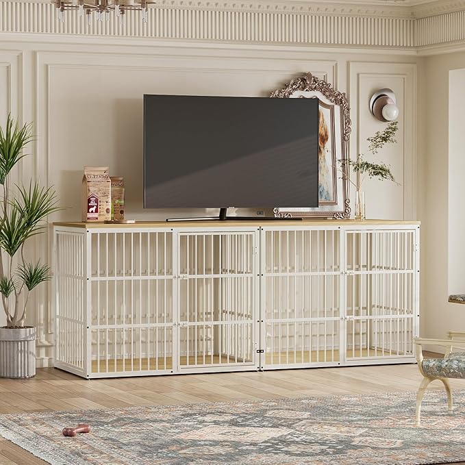 Lyromix 94.48'' Dog Crate Furniture Large Breed TV Stand with Double Rooms for 2 Large Medium Dogs, Wooden Indoor Kennel Crate Cage End Table with Removable Divider, Can Use Separately, Natural Beech