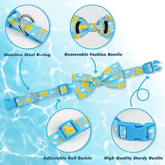 azuza Dog Collar with Bow Tie, Soft and Comfortable Adjustable Bowtie Dog Collar for Medium Dogs (M, Yellow Duck)