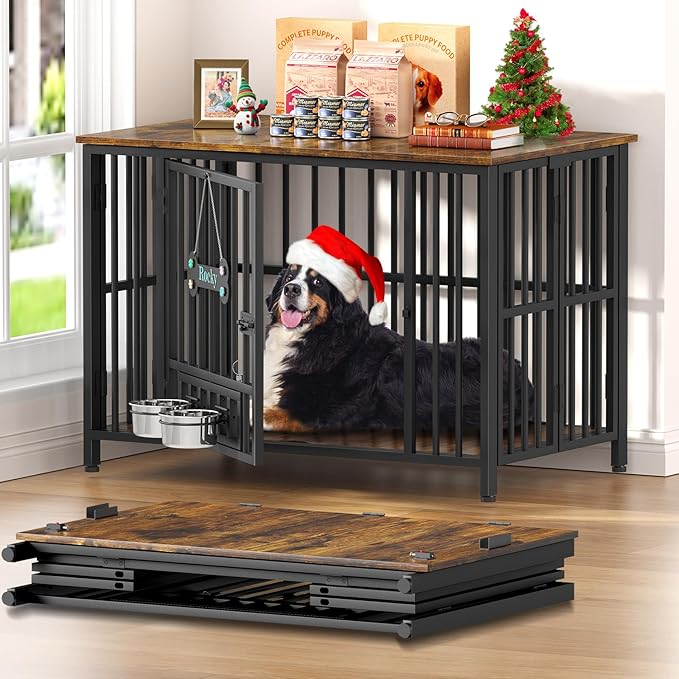 Easycom 41" Dog Crate Furniture Foldable, No Assembly Decorative Dog Kennel Indoor, Dog Crates for Large Dogs(35-60 lb), Wooden Dog Cage with Adjustable Bowls and Name Tag, End Table, Rustic Brown
