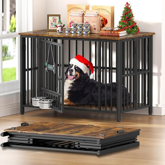 Easycom 41" Dog Crate Furniture Foldable, No Assembly Decorative Dog Kennel Indoor, Dog Crates for Large Dogs(35-60 lb), Wooden Dog Cage with Adjustable Bowls and Name Tag, End Table, Rustic Brown