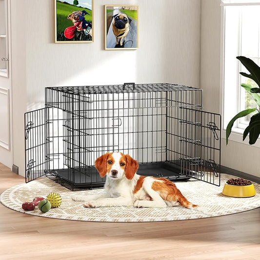 FDW Dog Crate 36-Inch Dog Cage Single Door Foldable Metal Kennel with Leakproof Tray Foldable Design Indoor Outdoor Use for Medium Dogs,Dark Black