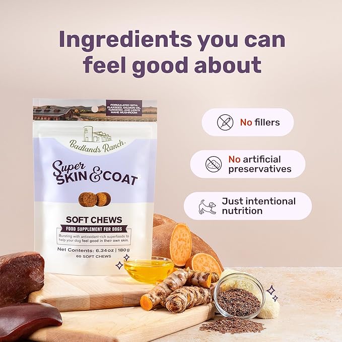 Badlands Ranch Super Skin & Coat Soft Chews for Dogs – Antioxidant-Rich Superfoods with Flaxseed, Salmon Oil, Turmeric & Lion’s Mane Mushroom – 60 Soft Chews