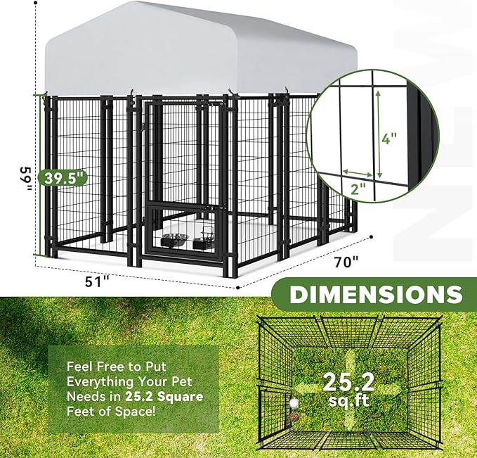 Vagger 6x4x5FT Outdoor Dog Kennel for Large Dogs,Extra Large Welded Wire Fence Playpen for Outside,Newly Upgraded Security Door Lock and Panel Connector/UV-Resistant Waterproof Roof Cover