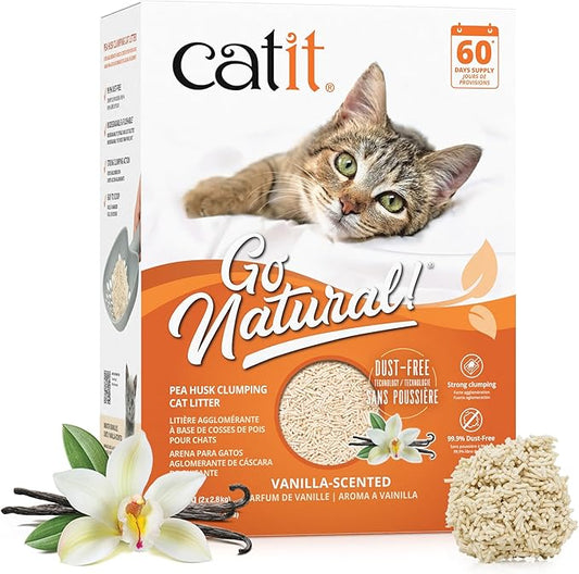 Catit - Go Natural Pea Husk Clumping Cat Litter - Dust Free, Easy Cleaning & Scooping, Flushable Kitty Litter with Odor Control & Subtle Fragrance - 12.3 Lbs, Vanilla Scented