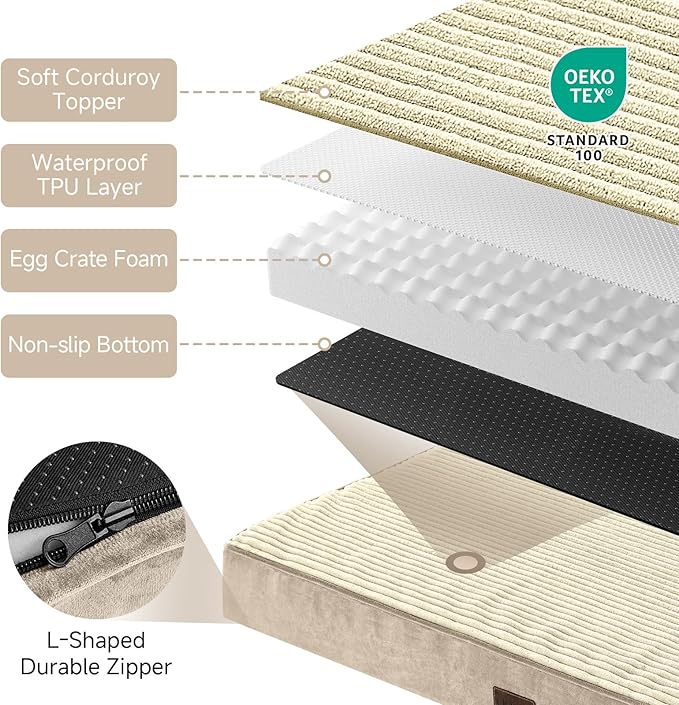 OhGeni Orthopedic Waterproof & Machine Washable Dog Bed for Large Pets, Suitable for Crates, Cat Mat with 25D Egg Crate Foam, Non-Slip Bottom & Removable Cover, 41 Inches(Khaki)