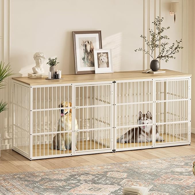 Lyromix 94.48'' Dog Crate Furniture Large Breed TV Stand with Double Rooms for 2 Large Medium Dogs, Wooden Indoor Kennel Crate Cage End Table with Removable Divider, Can Use Separately, Natural Beech