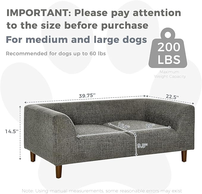 Dog Sofa Couch for Medium Dogs with Backrest and Armrest, Memory Foam Dog Sofa Bed, Modern Elevated Pet Couch Bed with Wooden Legs, Dark Grey