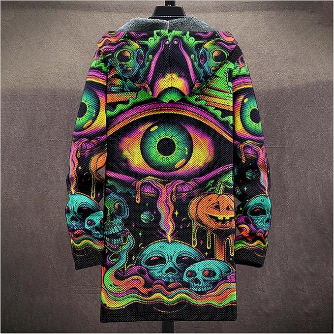 MARSVOVO Cool Hippie Long Cardigan Hoodies for Men Zipper Fleece Lined Knit Coat Skull Animal Print Graphic Jackets