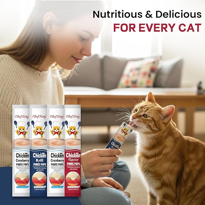 Chef Kitty Purée Pops, Cat Treats, Grain-Free, Lickable, Squeezable Creamy Cat Treat/Topper with Vitamin E & Taurine, 0.5 Ounces Each Tube, 20 Tubes, Chicken Mix Variety