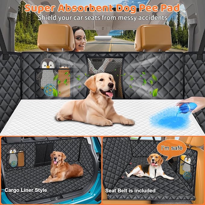 URPOWER Back Seat Extender for Dogs - Hard Bottom Dog Car Seat Cover with 1PC Leak-Proof Pee Pad, Dog Hammock for Car, SUV, and Truck, Pet Rear Seat Protector Dogs Travel Bed with Mesh Window