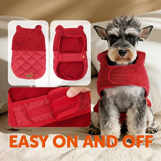 FOFOS Dog Winter Coat, Plush Dog Jacket with Leash Hole, Adjustable Warm Pet Snow Vest for Small Medium Dogs, Red, M