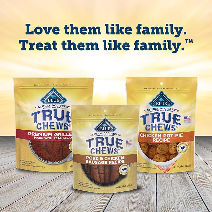 Blue Buffalo True Chews Dog Treats, Made in The USA with Natural Ingredients, Pork and Chicken Sausage Recipe, 14-oz Bag