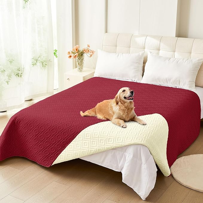 hyha Waterproof Dog Blanket, Soft Dog Bed Cover Pet Blankets, Waterproof Sofa Couch Cover for Dogs Washable, Reversible Pet Couch Covers for Sofa Furniture (82x102 Inch, Wine Red/Beige)