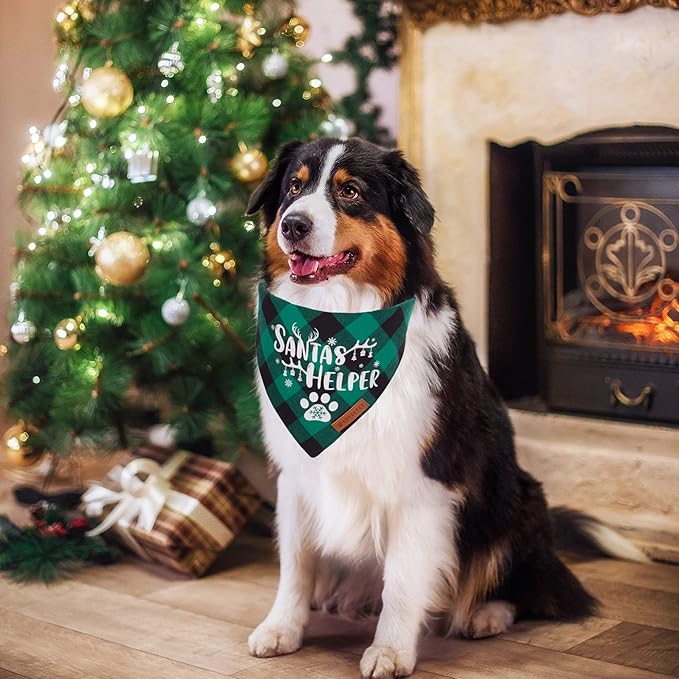 ADOGGYGO Christmas Dog Bandanas, Red Green Plaid Dog Scarf Bib, Premium Cotton Fabric, Multiple Sizes, Merry Christmas Bandanas for Large and Extra Large Dogs Pets (X-Large)