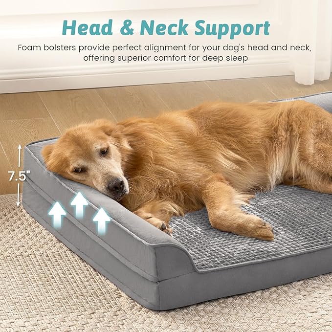 Orthopedic Dog Bed for Large Size Dog, Extra Large Pet Sofa, Foam Bolster Couch with Waterproof Lining Cover, Anti-Slip, Washable, L-Shaped, XL 44x32x7 inch, Grey