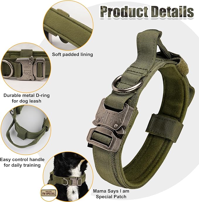 KCUCOP Tactical Dog Collar with Handle,Adjustable Military Dog Collar with Metal Buckle and Patches,Heavy Duty Dog Collars for Medium and Large Dogs (Militarygreen-L)