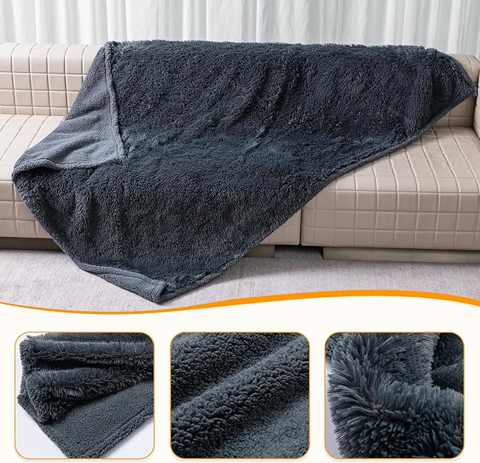 Calming Cat Blanket for Bed Couch Sofa Cover Grey Waterproof Dog Blankets for Large Dogs Washable Long Faux Fur Pet Throw Blanket for Puppy Reversible Furniture Protector, (Gray XL-85x57in)