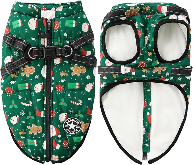 Aiboria Dog Jackets for Winter Windproof Waterproof Vest Fleece Warm Dogs Coat with Belt Christmas Green L