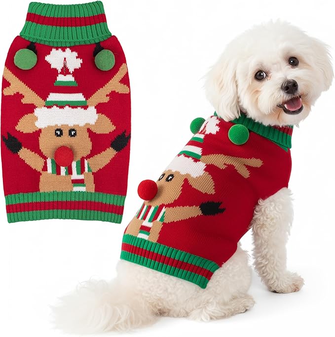 KYEESE Dog Christmas Sweater with Reindeer Pattern, Cozy Festival Dog Sweater for Small Dogs, Winter Holiday Doggie Knitwear Outfit with Leash Hole, Warm Soft Pet Clothes, Medium