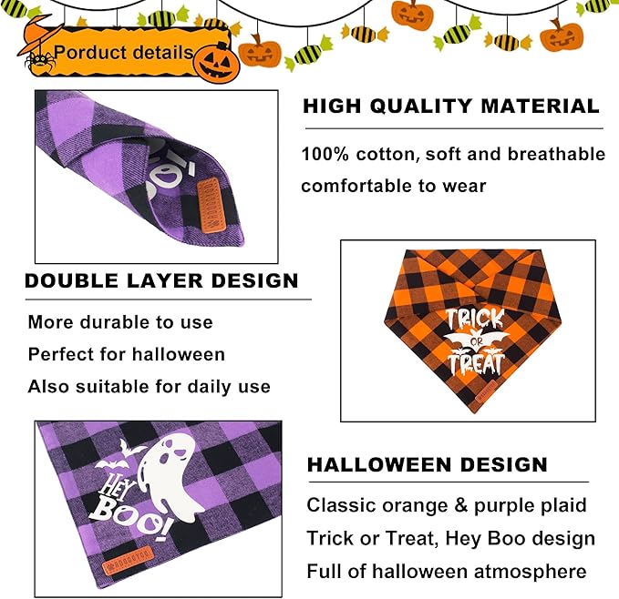 ADOGGYGO Halloween Dog Bandana Reflective Trick or Treat Boo Scarf Orange Purple Plaid Halloween Bandanas for Medium Large Dogs Pets (Large)