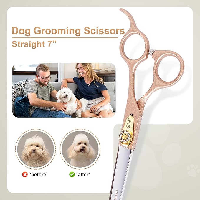 Professional Dog Grooming Scissors Rose Gold 440C Stainless Steel Straight Thinning Curved Chunker Shears for Pet Grooming Services Dogs and Cats (Straight, 7‘’)