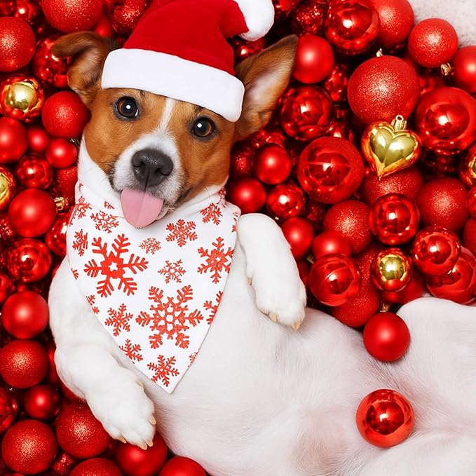 50 Pcs Red and White Snowflake Bandanas Bulk for Christmas Dog Xmas Kerchief Set Bibs Dog Triangle Scarf for Small Medium Large Doggie Costume Decoration